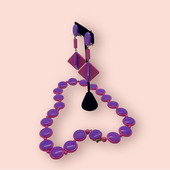 Retro Necklace & Earrings Pink & Purple Jewelry Set - Picture 3 of 11